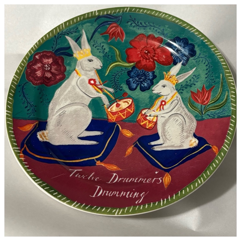 NIB Anthro Emily Maude 12 Days of Christmas 12 Drummers Drumming Dessert Plate